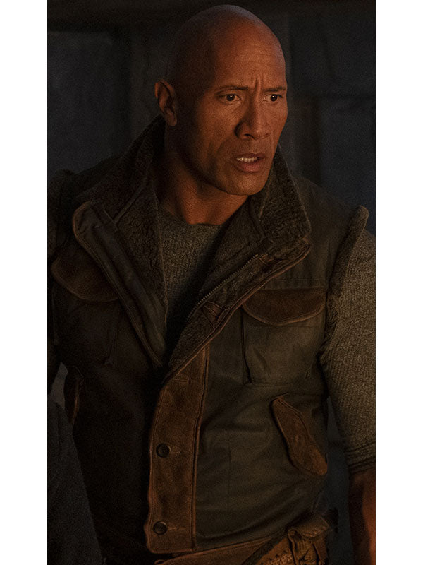 Dwayne Johnson Bravestone leather trim vest close up indoor scene