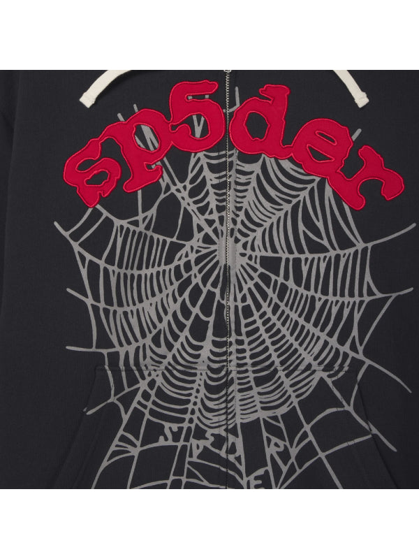 Spiderweb puff print Sp5der black red logo hoodie