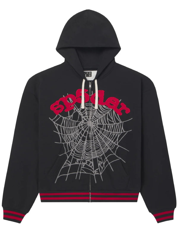 Black hooded jacket Sp5der red letter web print