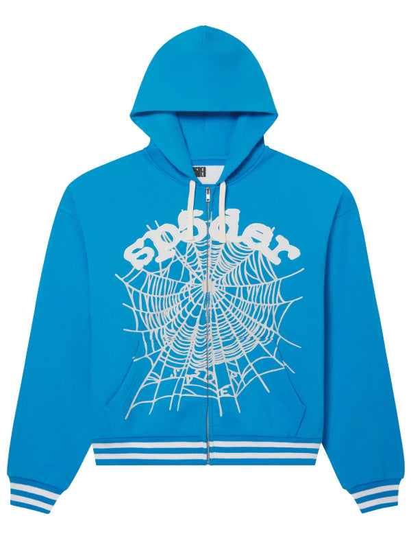 Blue Sp5der hoodie white web logo zip