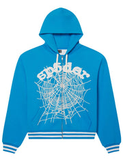 Blue Sp5der hoodie white web logo zip