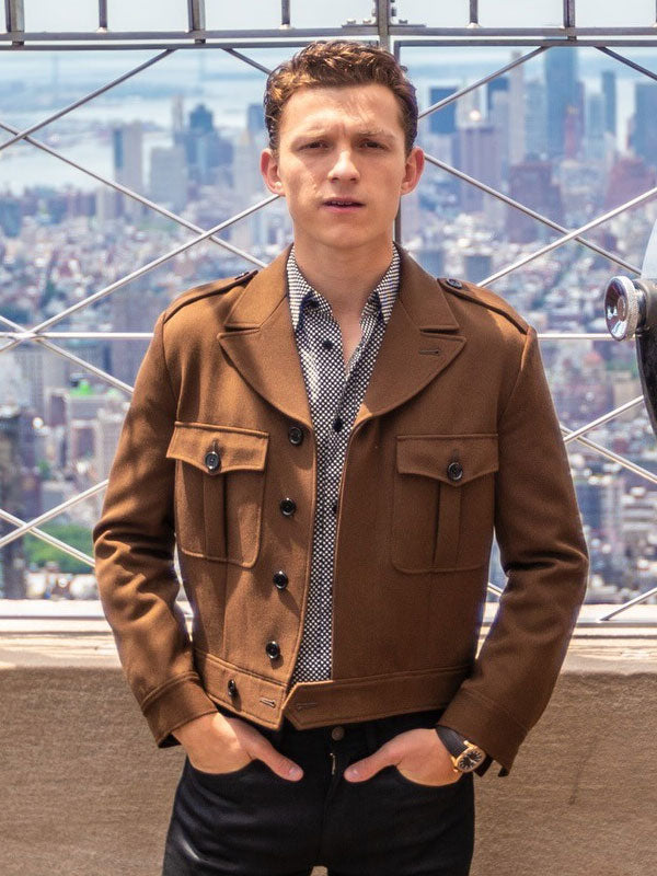 Tom Holland brown wool jacket portrait Empire State Building rooftop