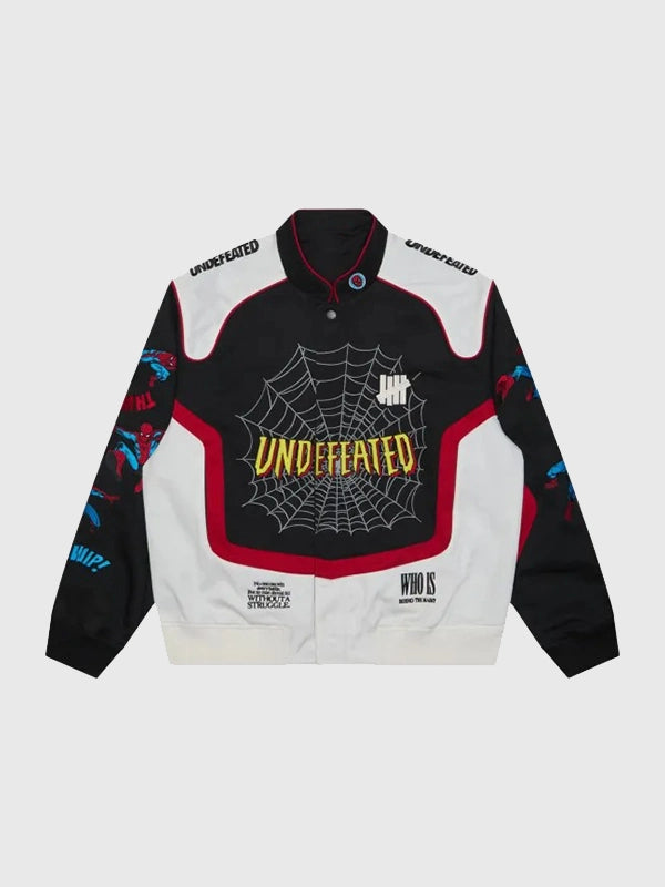 Undefeated x Spider-Man varsity jacket front flat lay product shot