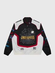 Undefeated x Spider-Man varsity jacket front flat lay product shot