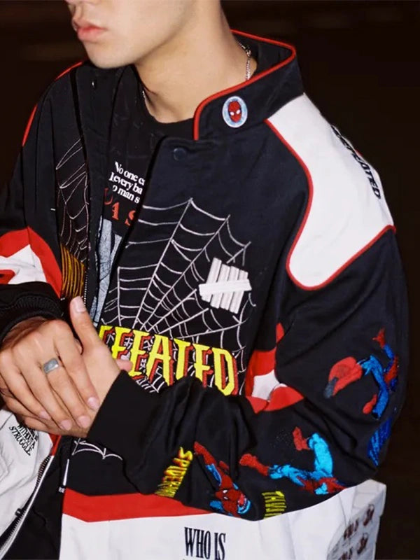 Undefeated x Spider-Man varsity jacket front view studio shot