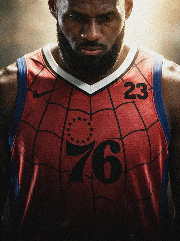 LeBron James 76ers Spider-Man inspired jersey close up front web pattern design