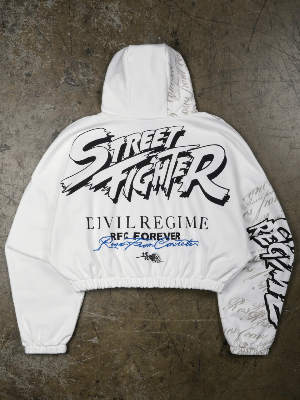 Street Fighter Civil Regime white hoodie back view flat lay