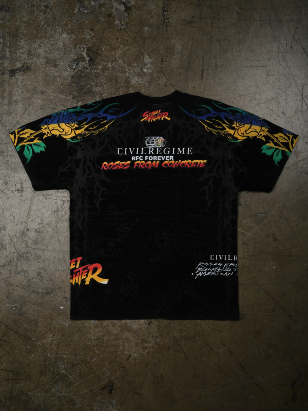 Street Fighter Civil Regime black tee back view flat lay