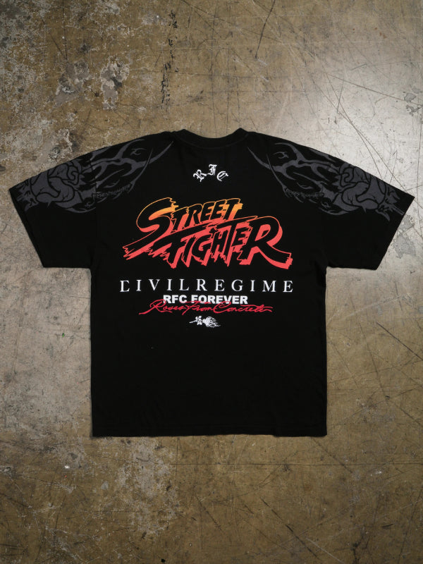 Street Fighter Civil Regime black tee back view flat lay