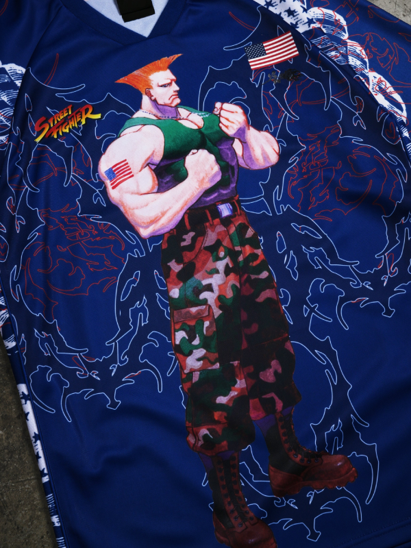 Street Fighter Guile jersey close up front graphic detail