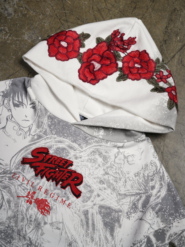 Street Fighter hoodie red rose embroidery hood close up