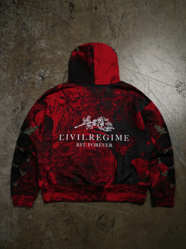 Street Fighter Civil Regime hoodie back view red flat lay