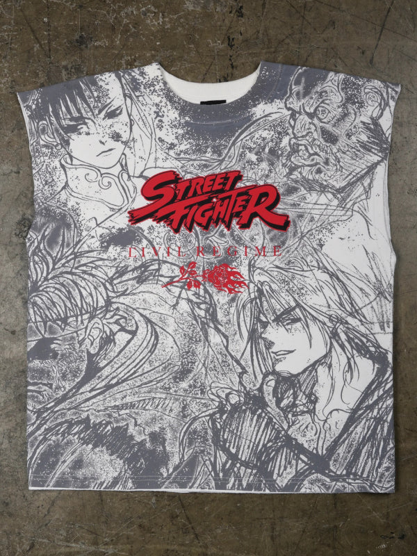 Street Fighter sketch print muscle tank front view flat lay
