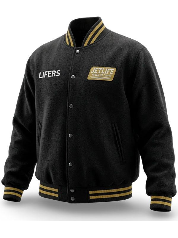 JetLife Lifers black wool varsity jacket front view product shot