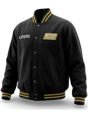 JetLife Lifers black wool varsity jacket front view product shot