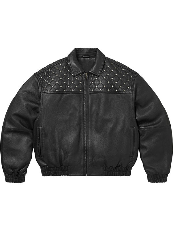 Supreme black quilted studded leather jacket front view