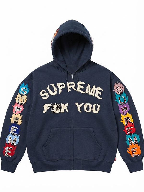 Supreme Navy graphic zip-up hoodie available in black brown and navy