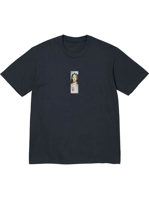 Supreme Prayer Card Box Logo Tee dark black navy T-shirt with centered graphic