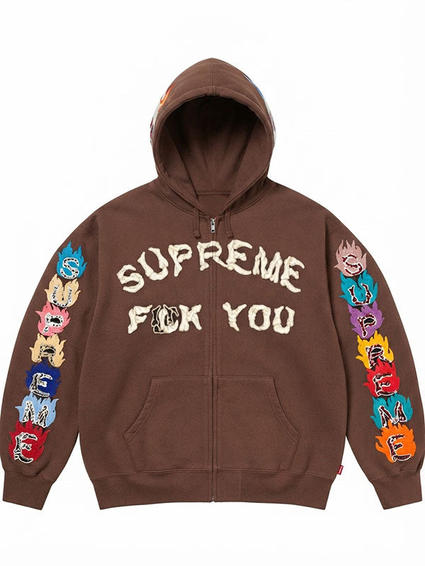 Supreme brown Fck You hoodie showing colorful sleeve artwork