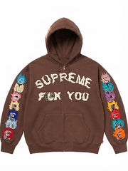 Supreme brown Fck You hoodie showing colorful sleeve artwork