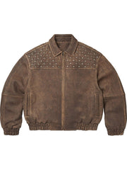 Supreme vintage brown quilted studded leather jacket front view