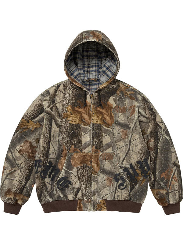 Supreme leather applique camo fleece hooded jacket with plaid lining and full zip front