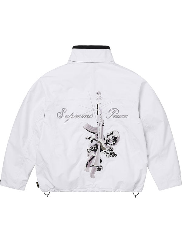 White Supreme x GORE-TEX down jacket back view with large graphic artwork