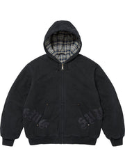 Black washed cotton hooded jacket with plaid-lined hood, dark leather appliqué lettering, front pocket and ribbed cuffs.