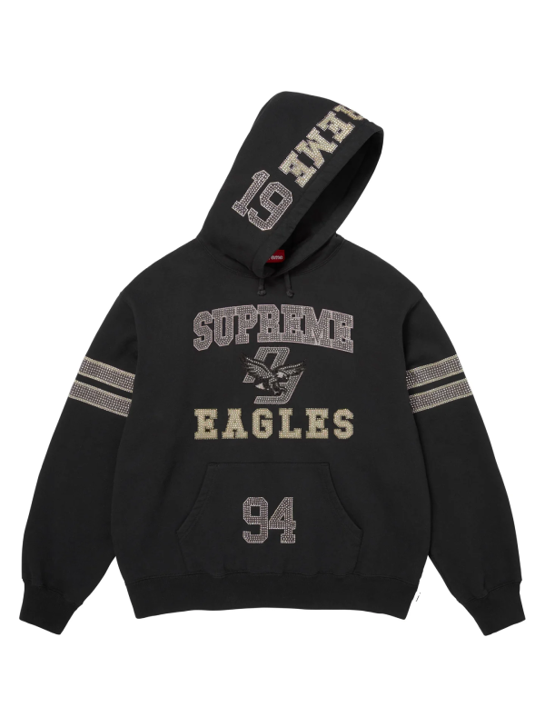 Supreme Eagles rhinestone hoodie burgundy hood up view
