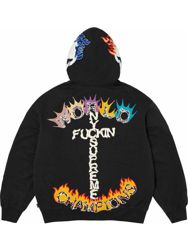 Close-up of colorful graphic artwork on black Supreme hoodie