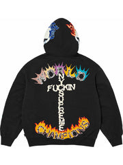 Close-up of colorful graphic artwork on black Supreme hoodie