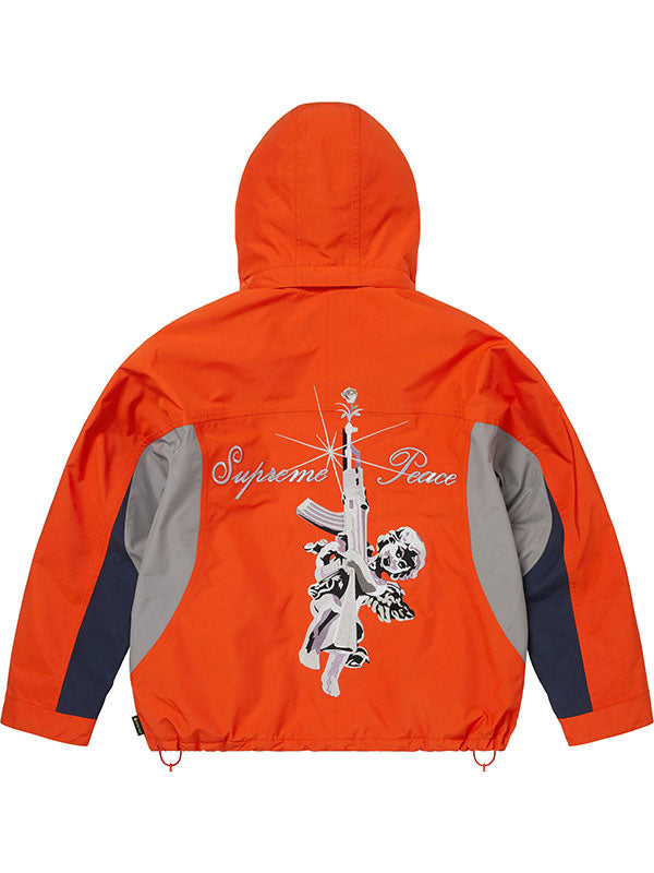 Orange Supreme x GORE-TEX hooded down jacket back view with graphic artwork and contrast panels