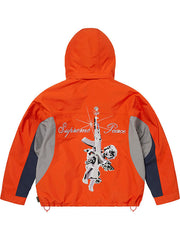 Orange Supreme x GORE-TEX hooded down jacket back view with graphic artwork and contrast panels