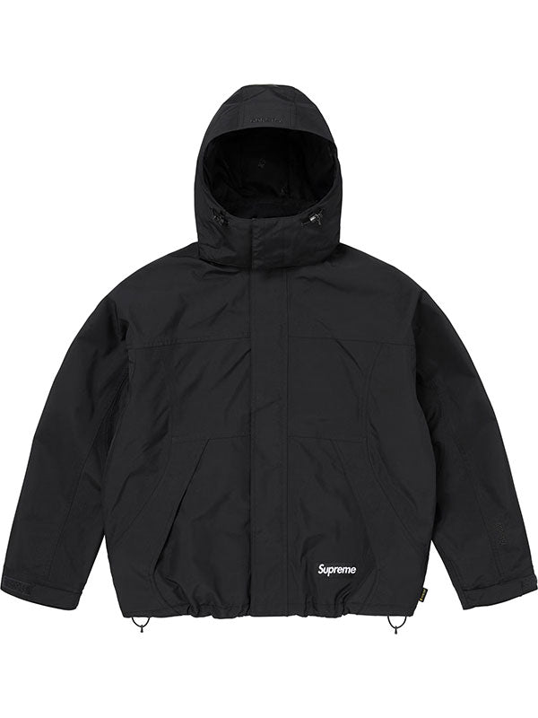 Black Supreme x GORE-TEX hooded down jacket front view with padded construction