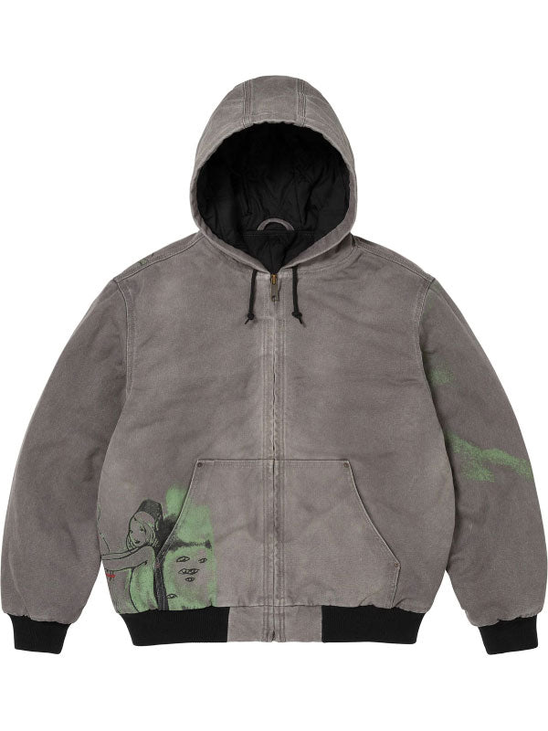 Supreme washed gray cotton hooded jacket front view with graphic details and zip closure