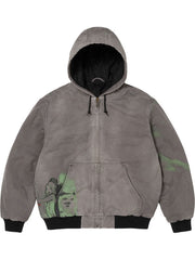 Supreme washed gray cotton hooded jacket front view with graphic details and zip closure