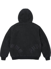Black washed cotton hooded jacket shown from the back with dark leather appliqué lettering, stitched panels and ribbed hem.