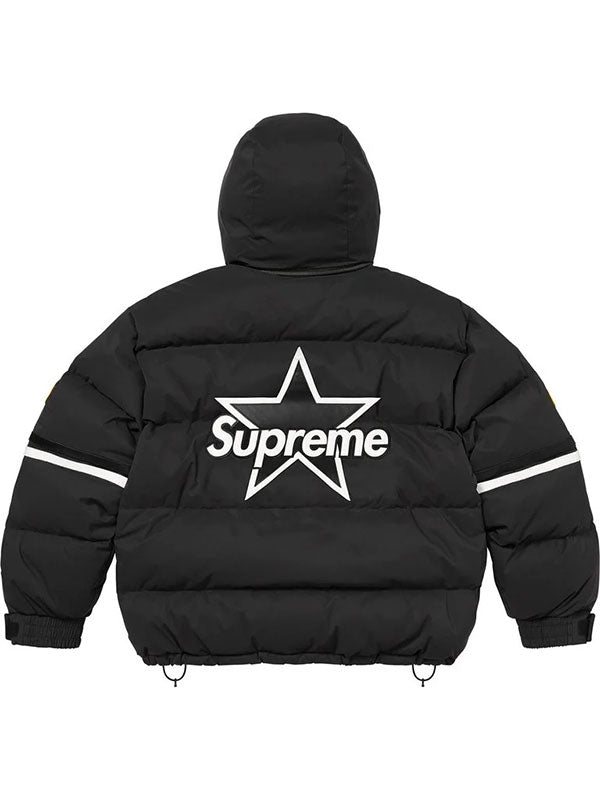 Black Supreme Vanson puffer jacket back view with large star graphic