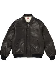 Supreme black leather trucker jacket front view