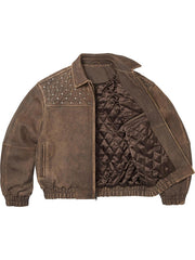 Supreme brown quilted leather jacket open front showing quilted lining