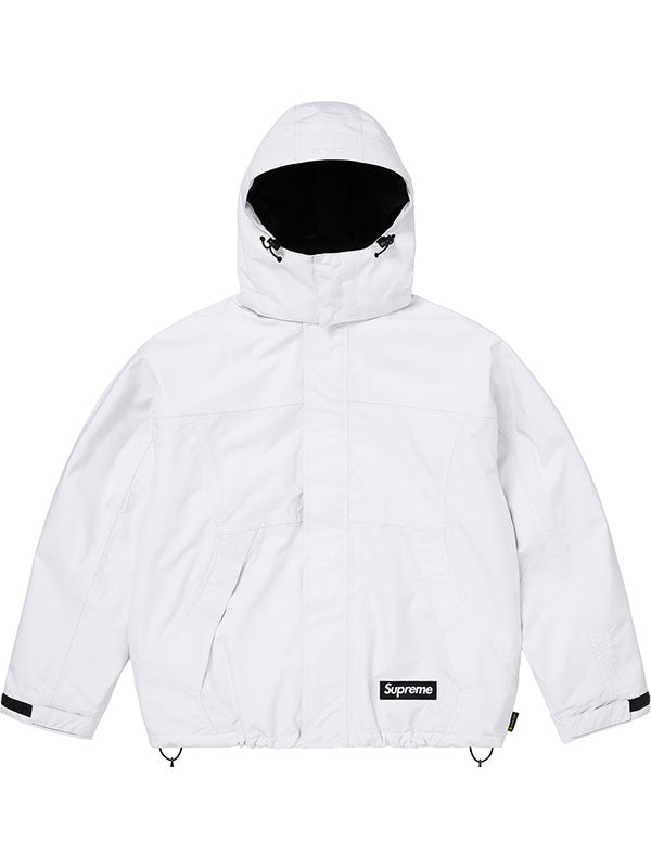 White Supreme x GORE-TEX hooded down jacket front view with adjustable hood