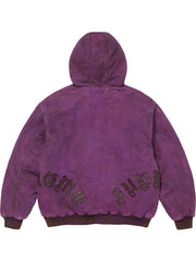 Purple washed cotton hooded jacket with plaid lining, leather appliqué lettering, front pockets and ribbed cuffs and hem.