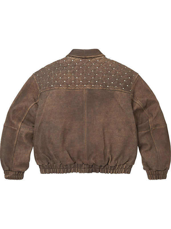 Supreme vintage brown quilted studded leather jacket back view