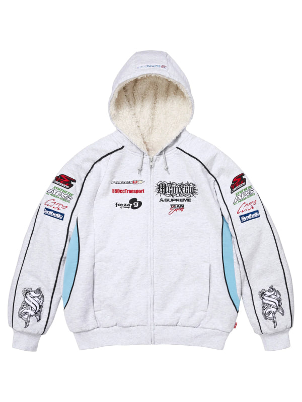 Supreme racing hoodie grey blue front view