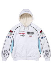 Supreme racing hoodie grey blue front view