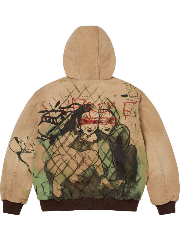 Supreme washed tan hooded jacket back view with large artistic graphic artwork