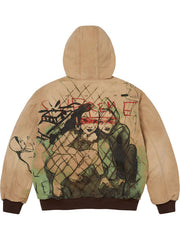 Supreme washed tan hooded jacket back view with large artistic graphic artwork