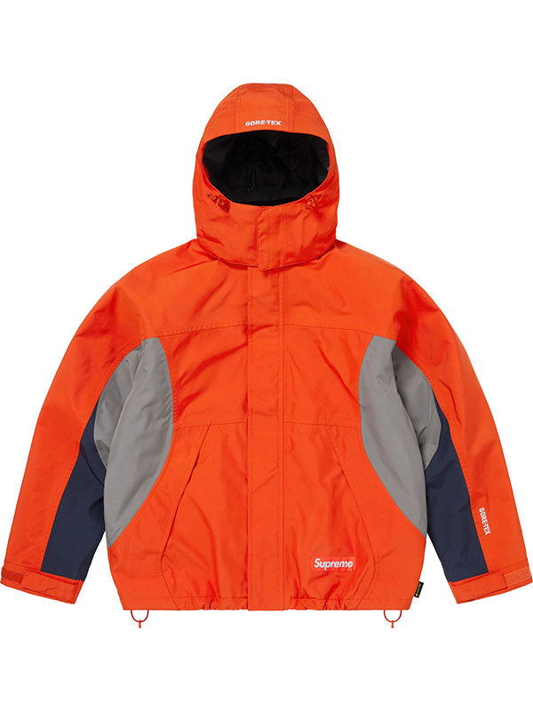 Orange Supreme x GORE-TEX hooded down jacket front view with gray and navy contrast panels