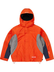 Orange Supreme x GORE-TEX hooded down jacket front view with gray and navy contrast panels