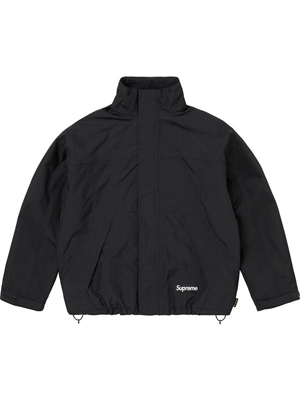 Black Supreme x GORE-TEX down jacket front view with high collar and front pockets